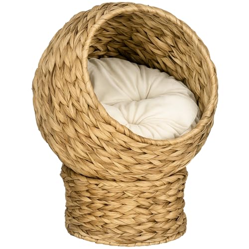 PawHut Rattan Katzenkorb Katzenhöhle Katzenhütte Katzenbett mit Kissen Haustierbett Wasserhyazinthe Braun 40 x 37 x 51 cm von PawHut