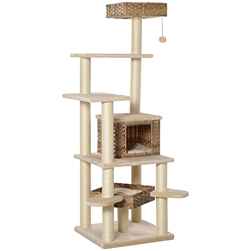 PawHut Rattan Kratzbaum mit Katzenhöhle Mehrstufiger Katzenbaum Kletterbaum für Katzen E1 MDF Sisal Beige+Braun 55 x 55 x 174 cm PawHut Rattan Kratzbaum mit Katzenhöhle Mehrstufiger Katzenbaum Kletterbaum für Katzen E1 MDF Sisal Beige+Braun 55 x 55 x 174 cm von PawHut