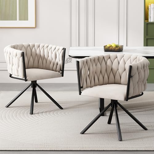 Pawom Samt-Esszimmerstuhl 2er Set Beige Mit 360° Drehfunktion, Metall Vierbeiniger Stützrahmen, Ergonomischer Luxus-Wohnzimmer- & Schlafzimmer-Drehstuhl, Bequemer Freizeitstuhl von Pawom