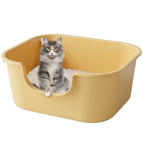 Pawsayes Offener Kattentoilettenträger mit hoher Umrandung und niedrigem Einstiegsrand, abgedichtet und gegen Kieselsturz geschützt (Gelb) von Pawsayes