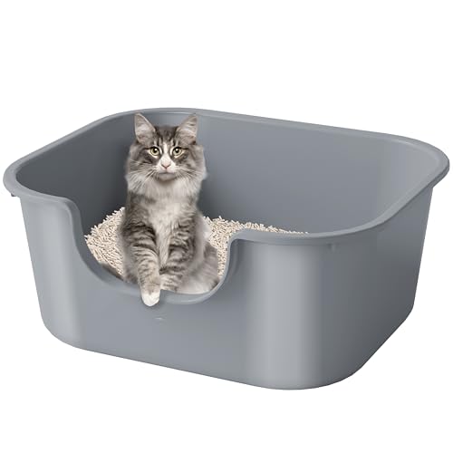 Katzenklo offen hoher Rand große Katzentoilette, einfache Reinigung Katzenklo, abgesenkter Eingang Aufbewahrungsbox mit hohen Seitenwänden, auslaufsicher Katzenklo Cat Litter Box (Grau) von Pawsayes