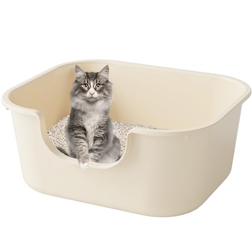 Pawsayes Offener Kattentoilettenträger mit hoher Umrandung und niedrigem Einstiegsrand, abgedichtet und gegen Kieselsturz geschützt (Beige) von Pawsayes