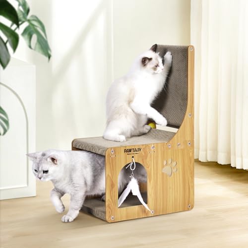 Pawtasy Kratzbrett Katzen Kratzpappe mit Katzenhaus Katzenkratzbrett L förmige 65 cm kratzspielzeug mit Ballspielzeug Kratz Katzen für Wand und Ecke als Möbelschutz von Pawtasy