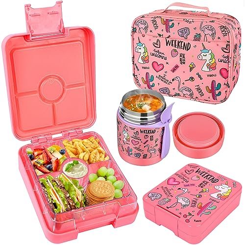 Pawtong Bento-Lunchbox-Set mit 284 ml Suppen-Thermo, auslaufsichere Lunchbehälter mit 4 Fächern, Kinder-Thermo-Lebensmittelbehälter/Isolierung, Lunch-Tasche, Lebensmittelbehälter für die Schule von Pawtong