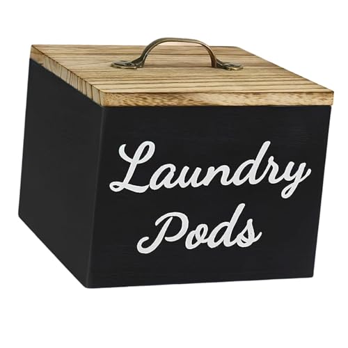PawwJoy Aufbewahrungsbox aus Holz mit Deckel, rustikaler Wäschetrockner, Bettlakenhalter, Geschirrspüler-Pads und Wäschekapseln, Organizer für Waschküche, Arbeitsplatte, 14 x 13 cm, Schwarz von PawwJoy