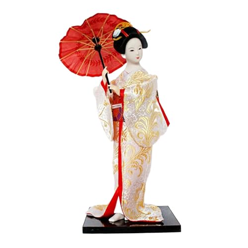 PawwJoy Japanische Geisha-Mädchen-Statue, Ornament, traditionelle Kimono-Puppe für Tisch, Schreibtisch, Büro, Heimdekoration, Weiß und Gold, 30,5 cm PawwJoy Japanische Geisha-Mädchen-Statue, Ornament, traditionelle Kimono-Puppe für Tisch, Schreibtisch, Büro, Heimdekoration, Weiß und Gold, 30,5 cm von PawwJoy