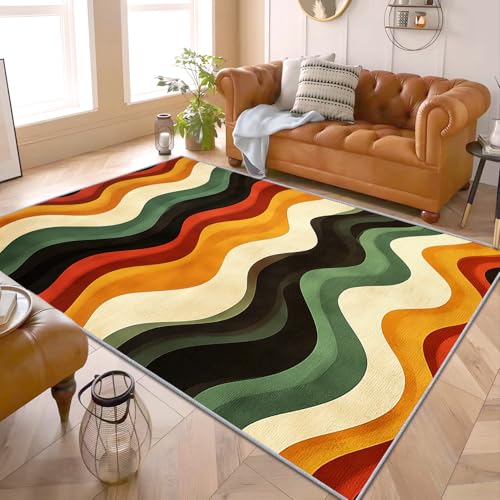 PaxGloz 70er Jahre Teppich - Teppiche Wohnzimmer Schlafzimmer Wellen Retro 70er, Großer Teppich Wellenmuster Bunt, Weich Kurzflor & Waschbar & rutschfest Wohnzimmerteppich, Kinderteppich, 160x230 cm von PaxGloz