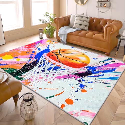 PaxGloz Basketball Deko Zimmer - Teppiche Wohnzimmer Schlafzimmer Sport Kinder, Großer Teppich Jugen Basketball, Weich Kurzflor & Waschbar & rutschfest Wohnzimmerteppich, Kinderteppich, 160x200 cm von PaxGloz