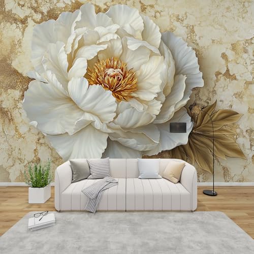 PaxGloz Fototapete 3D Weiße Pfingstrosen Tapete Luxus Marmor Hintergrund Tapeten Vliestapete Modern Wandtapete Wohnzimmer Schlafzimmer Wanddeko Motivtapeten 500 x 280 cm (B x H) von PaxGloz