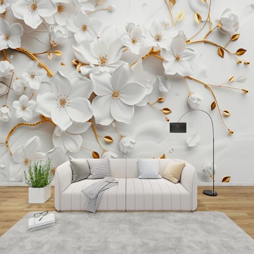 PaxGloz Fototapete Blumen 3D Effekt Tapete Weiß Gold Zweige Tapeten Vliestapete Modern Wandtapete Wohnzimmer Schlafzimmer Kinderzimmer Wanddeko Motivtapeten 500 x 350 cm (B x H) von PaxGloz