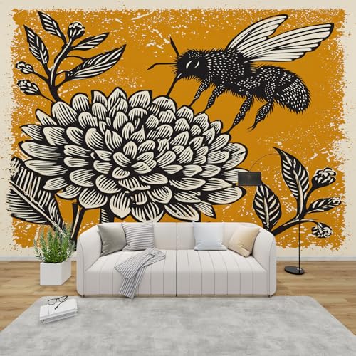 PaxGloz Fototapete Blumen Biene Retro Tapete Senfgelb Tapeten Vliestapete Modern Wandtapete Wohnzimmer Schlafzimmer Kinderzimmer Wanddeko Motivtapeten 450 x 315 cm (B x H) von PaxGloz