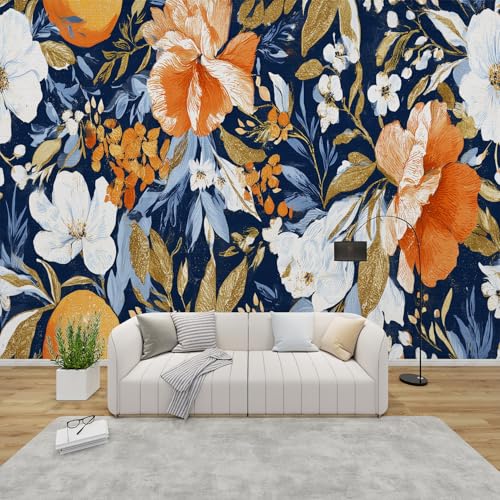 PaxGloz Fototapete Blumen Blau Orange Tapete Botanische Vintage Florale Tapeten Vliestapete Modern Wandtapete Wohnzimmer Schlafzimmer Kinderzimmer Wanddeko Motivtapeten 150 x 105 cm (B x H) von PaxGloz