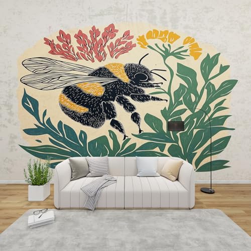 PaxGloz Fototapete Botanische Biene Tapete Honigbiene Retro Insekten Tapeten Vliestapete Modern Wandtapete Wohnzimmer Schlafzimmer Kinderzimmer Wanddeko Motivtapeten 350 x 256 cm (B x H) von PaxGloz