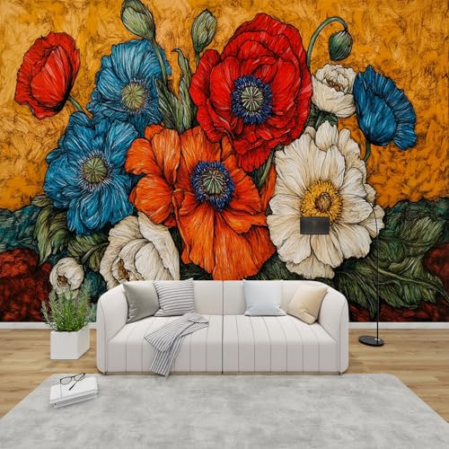 PaxGloz Fototapete Bunte Mohnblumen Tapete Ölgemälde Stil Tapeten Vliestapete Modern Wandtapete Wohnzimmer Schlafzimmer Kinderzimmer Wanddeko Motivtapeten 150 x 105 cm (B x H) von PaxGloz