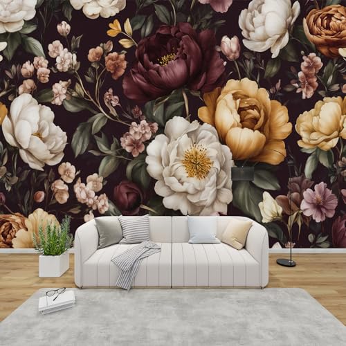 PaxGloz Fototapete Creme Gold Blüten Tapete Pfingstrosen Vintage Tapeten Vliestapete Modern Wandtapete Wohnzimmer Schlafzimmer Kinderzimmer Wanddeko Motivtapeten 300 x 210 cm (B x H) von PaxGloz