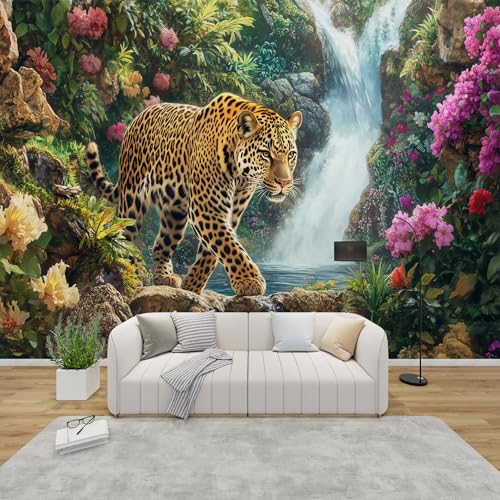 PaxGloz Fototapete Dschungel Leopard Tapete Wasserfall Tropischer Wald Tiere Tapeten Vliestapete Modern Wandtapete Wohnzimmer Schlafzimmer Kinderzimmer Wanddeko Motivtapeten 368 x 254 cm (B x H) von PaxGloz