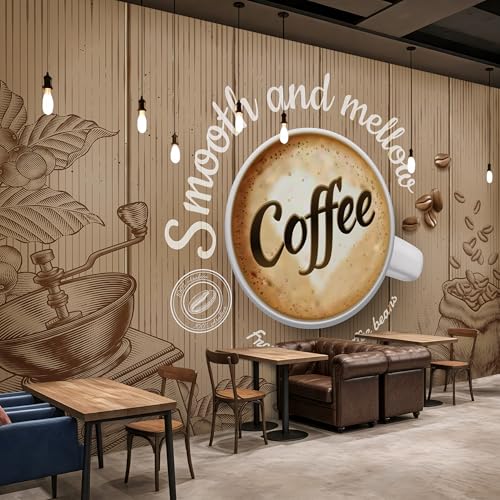 PaxGloz Fototapete Kaffee Holzoptik Tapete Café Stil Kaffeetasse Kaffeebohnen Handmühle Tapeten Vliestapete Modern Wandtapete Wohnzimmer Schlafzimmer Wanddeko Motivtapeten 300 x 210 cm (B x H) von PaxGloz