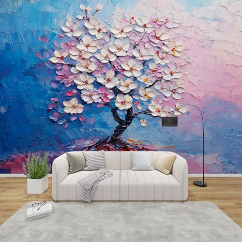 PaxGloz Fototapete Kirschblütenbaum 3D Effekt Tapete Ölgemälde Stil Rosa Und Blau Tapeten Vliestapete Modern Wandtapete Wohnzimmer Schlafzimmer Wanddeko Motivtapeten 250 x 175 cm (B x H) von PaxGloz