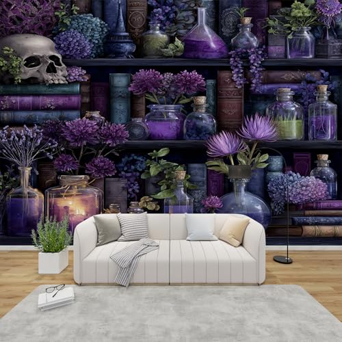 PaxGloz Fototapete Magische Bücherregal Tapete Lila Gothic Zaubertrank Tapeten Vliestapete Modern Wandtapete Wohnzimmer Schlafzimmer Kinderzimmer Wanddeko Motivtapeten 100 x 70 cm (B x H) von PaxGloz