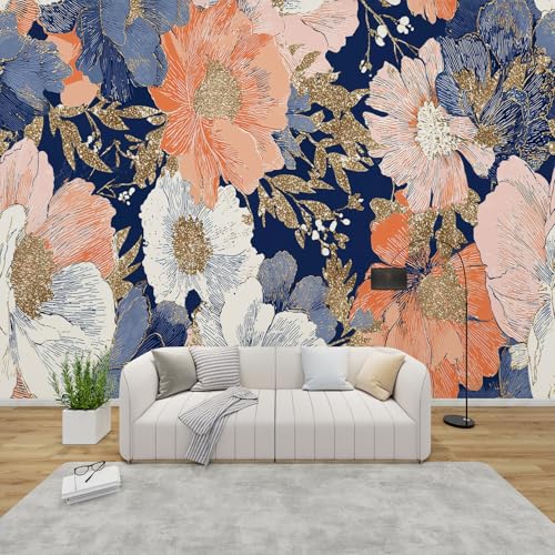 PaxGloz Fototapete Marineblau Orange Blüten Tapete Große Blumen Tapeten Vliestapete Modern Wandtapete Wohnzimmer Schlafzimmer Kinderzimmer Wanddeko Motivtapeten 350 x 256 cm (B x H) von PaxGloz
