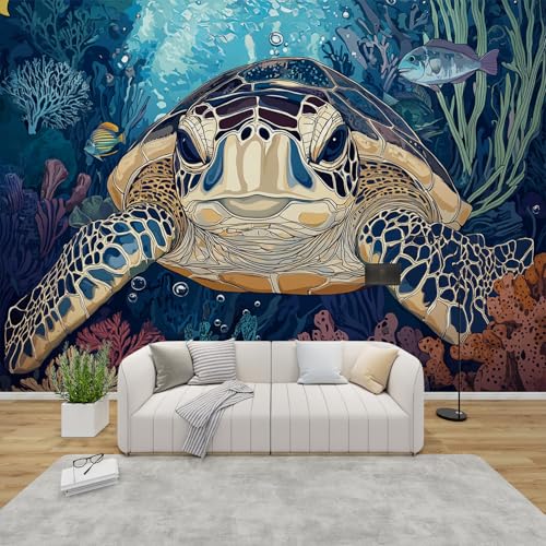 PaxGloz Fototapete Meeresschildkröte Unterwasserwelt Tapete Cartoon Meerestiere Tapeten Vliestapete Modern Wandtapete Wohnzimmer Schlafzimmer Kinderzimmer Wanddeko Motivtapeten 300 x 210 cm (B x H) von PaxGloz