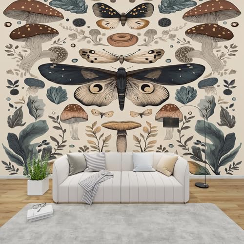 PaxGloz Fototapete Pilze Motten Tapete Botanische Vintage Insekten Tapeten Vliestapete Modern Wandtapete Wohnzimmer Schlafzimmer Kinderzimmer Wanddeko Motivtapeten 350 x 256 cm (B x H) von PaxGloz