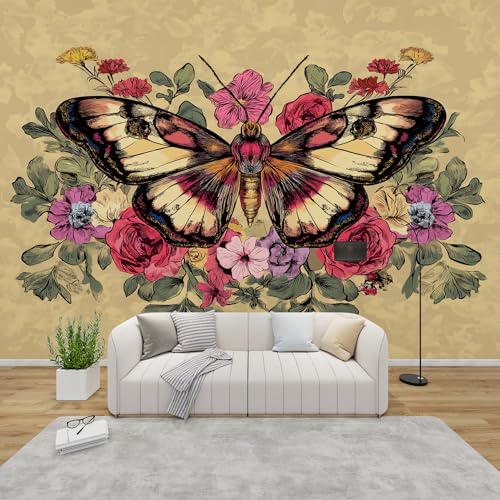 PaxGloz Fototapete Schmetterling Blumen Tapete Vintage Boho Tapeten Vliestapete Modern Wandtapete Wohnzimmer Schlafzimmer Kinderzimmer Wanddeko Motivtapeten 500 x 350 cm (B x H) von PaxGloz