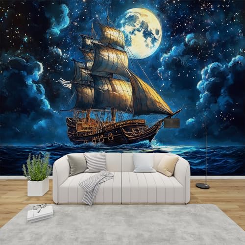 PaxGloz Fototapete Segelschiff Sternenhimmel Mond Meer Tapete Fantasie Maritim Tapeten Vliestapete Modern Wandtapete Wohnzimmer Schlafzimmer Kinderzimmer Wanddeko Motivtapeten 250 x 175 cm (B x H) von PaxGloz