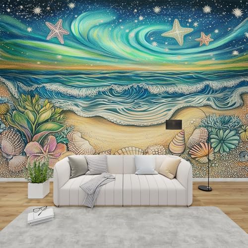 PaxGloz Fototapete Sternenhimmel Meer Strand Tapete Seestern Muschel Tapeten Vliestapete Modern Wandtapete Wohnzimmer Schlafzimmer Kinderzimmer Wanddeko Motivtapeten 150 x 105 cm (B x H) von PaxGloz