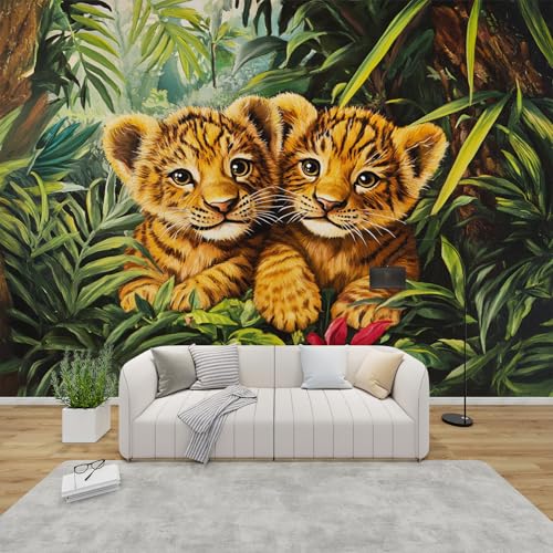 PaxGloz Fototapete Tigerbaby Dschungel Tapete Jungenzimmer Mädchenzimmer Tapeten Vliestapete Modern Wandtapete Wohnzimmer Schlafzimmer Kinderzimmer Wanddeko Motivtapeten 350 x 256 cm (B x H) von PaxGloz