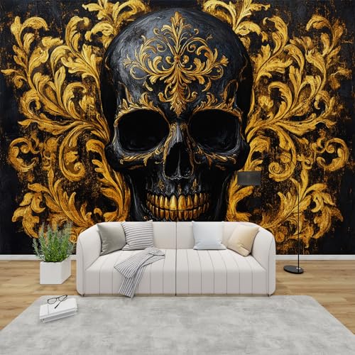 PaxGloz Fototapete Totenkopf Tapete Barock Schädel Schwarz Gold Tapeten Vliestapete Modern Wandtapete Wohnzimmer Schlafzimmer Kinderzimmer Wanddeko Motivtapeten 300 x 210 cm (B x H) von PaxGloz
