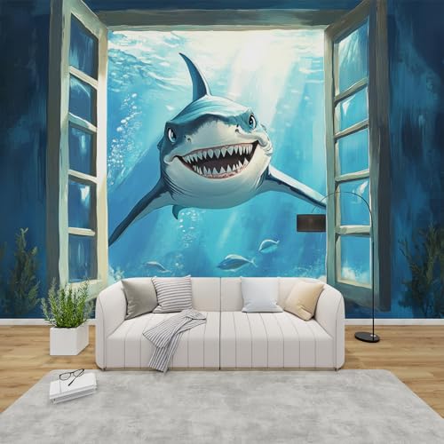 PaxGloz Fototapete Unterwasserwelt Hai Tapete Fensterblick Meerestiere Tapeten Vliestapete Modern Wandtapete Wohnzimmer Schlafzimmer Kinderzimmer Wanddeko Motivtapeten 200 x 140 cm (B x H) von PaxGloz