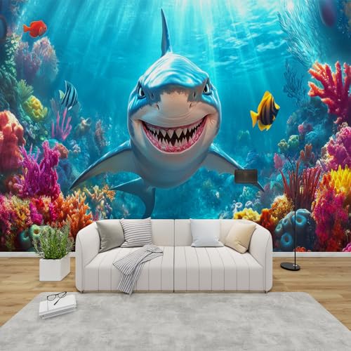 PaxGloz Fototapete Unterwasserwelt Kinderzimmer Tapete Hai Meerestiere Tapeten Vliestapete Modern Wandtapete Wohnzimmer Schlafzimmer Kinderzimmer Wanddeko Motivtapeten 300 x 210 cm (B x H) von PaxGloz