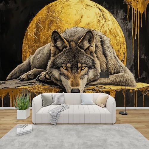 PaxGloz Fototapete Wolf Tapete Gold Mond Tapeten Vliestapete Modern Wandtapete Wohnzimmer Schlafzimmer Kinderzimmer Wanddeko Motivtapeten 500 x 280 cm (B x H) von PaxGloz