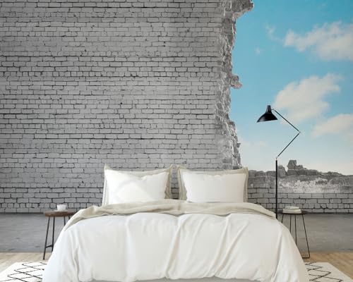 PaxGloz Fototapete Ziegelmauer Tapete 3D Wanddurchbruch Himmel Tapeten Vliestapete Modern Wandtapete Wohnzimmer Schlafzimmer Kinderzimmer Wanddeko Motivtapeten 300 x 210 cm (B x H) von PaxGloz