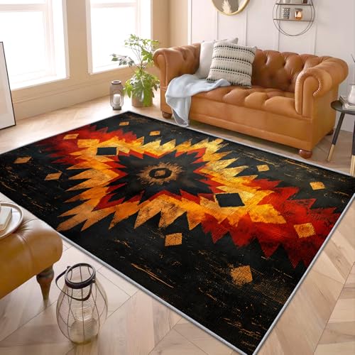 PaxGloz Geometrische Deko Schwarz - Teppich Wohnzimmer Schlafzimmer Azteken, Großer Teppich Southwestern, Weich Kurzflor & Waschbar & rutschfest Wohnzimmerteppich, Bettvorleger 140x200 cm von PaxGloz