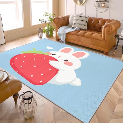 PaxGloz Hasen Teppich Kinderzimmer - Teppiche Wohnzimmer Schlafzimmer Kaninchen Und Erdbeeren, Kleiner Teppich Mädchen Hase, Weich Kurzflor & Waschbar & rutschfest Fussmatte Innen, 40x60 cm von PaxGloz