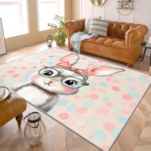 PaxGloz Hasen Teppich Kinderzimmer - Teppiche Wohnzimmer Schlafzimmer Mädchen Hase, Großer Teppich Cartoon Tiere, Weich Kurzflor & Waschbar & rutschfest Kinderteppich, Bettvorleger 140x200 cm von PaxGloz