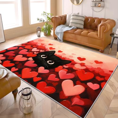 PaxGloz Katzenmotiv Teppich - Teppiche Wohnzimmer Schlafzimmer Kinderzimmer Katzen, Kleiner Teppich Mädchen Herzen, Weich Kurzflor & Waschbar & rutschfest Fussmatte Innen, Kinderteppich 80x150 cm von PaxGloz