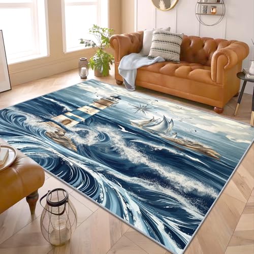 PaxGloz Maritimer Teppich - Teppiche Wohnzimmer Schlafzimmer Leuchtturm Motiv, Kleiner Nautischer Teppich Maritime Deko, Weich Kurzflor & Waschbar & rutschfest Fussmatte Innen, Kinderteppich 50x80 cm von PaxGloz