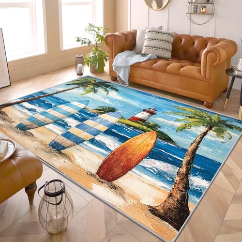 PaxGloz Strand Deko Wohnzimmer - Teppiche Wohnzimmer Schlafzimmer Palmen Meer, Kleiner Teppich Surfbrett Strandmotiv, Weich Kurzflor & Waschbar & rutschfest Fussmatte Innen, Kinderteppich 60x90 cm von PaxGloz