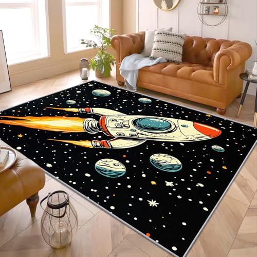 PaxGloz Teppich Rakete Kinderzimmer - Teppiche Wohnzimmer Schlafzimmer Weltraum, Kleiner Teppich Kosmos, Weich Kurzflor & Waschbar & rutschfest Fussmatte Innen, Kinderteppich 80x150 cm von PaxGloz