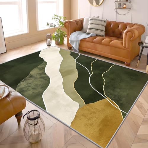 PaxGloz Teppich Wohnzimmer Abstrakt - Teppiche Schlafzimmer Minimalistisch Grün Beige, Großer Teppich Abstrakter Wellenmuster, Weich Kurzflor & Waschbar & rutschfest Wohnzimmerteppich, 160x230 cm von PaxGloz
