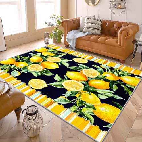 PaxGloz Zitronen Deko Küche - Teppiche Wohnzimmer Schlafzimmer Gelb Zitronen, Kleiner Teppich Zitronenmuster, Weich Kurzflor & Waschbar & rutschfest Fussmatte Innen, Kinderteppich 80x150 cm von PaxGloz
