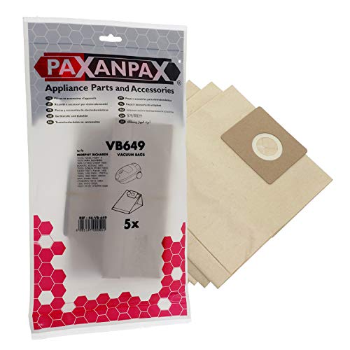 Paxanpax VB649 Kompatible Papier-Staubsaugerbeutel für Morphy Richards Premair, Handy, Power Champ, Storm, Performair, Fusion, Family, Profil, Pets, Vinto Serie (5 Stück), braun von Paxanpax