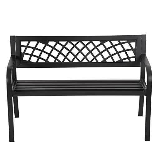 Gartenbank für den Außenbereich, Metall, Parkbänke aus Gusseisen, Terrassenbank mit Netzmuster, Kunststoff-Rückenlehne, Armlehnen für Terrasse, Park, Rasen, Hof, Schwarz von PayLessHere