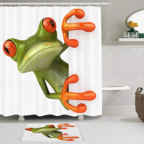 PbbrTK Stoff Duschvorhang und Matten Set,Frosch,wasserdichte Badvorhänge mit 12 Haken,utschfeste Teppiche von PbbrTK