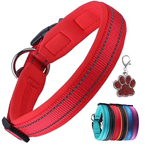 PcEoTllar Hundehalsband Verstellbare Weich Gepolstertes Hunde Halsband Neopren Nylon Reflektierend Halsband Atmungsaktives Einstellbar mit Erkennungsmarke for Kleine Mittel Große Hunde, Rot-S von PcEoTllar