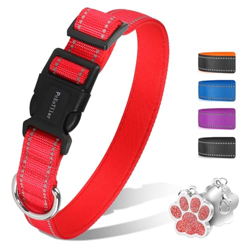 PcEoTllar Gepolstertes Hundehalsband, Weich Hunde Halsband for Kleine Mittel Große Hunde, Atmungsaktives Neopren Nylon Reflektierend Einstellbar Halsband, Rot-L von PcEoTllar