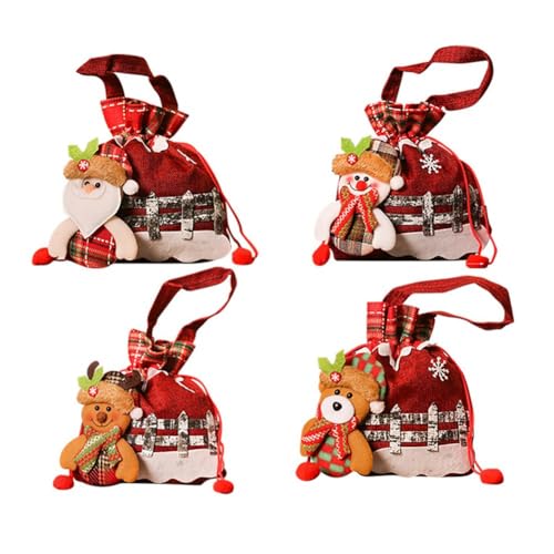 Pcivzxam 4 Stück Puppentaschen, wiederverwendbar, Stoff, Weihnachtsgeschenke, wie abgebildet, Polyester, gestrickte Geschenktüten, Weihnachtsmann-Hirschpuppe von Pcivzxam